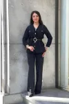 Trend Kadın Siyah Kendinden Desenli Kemerli ve Altın Düğmeli Pantolonlu İkili Takım